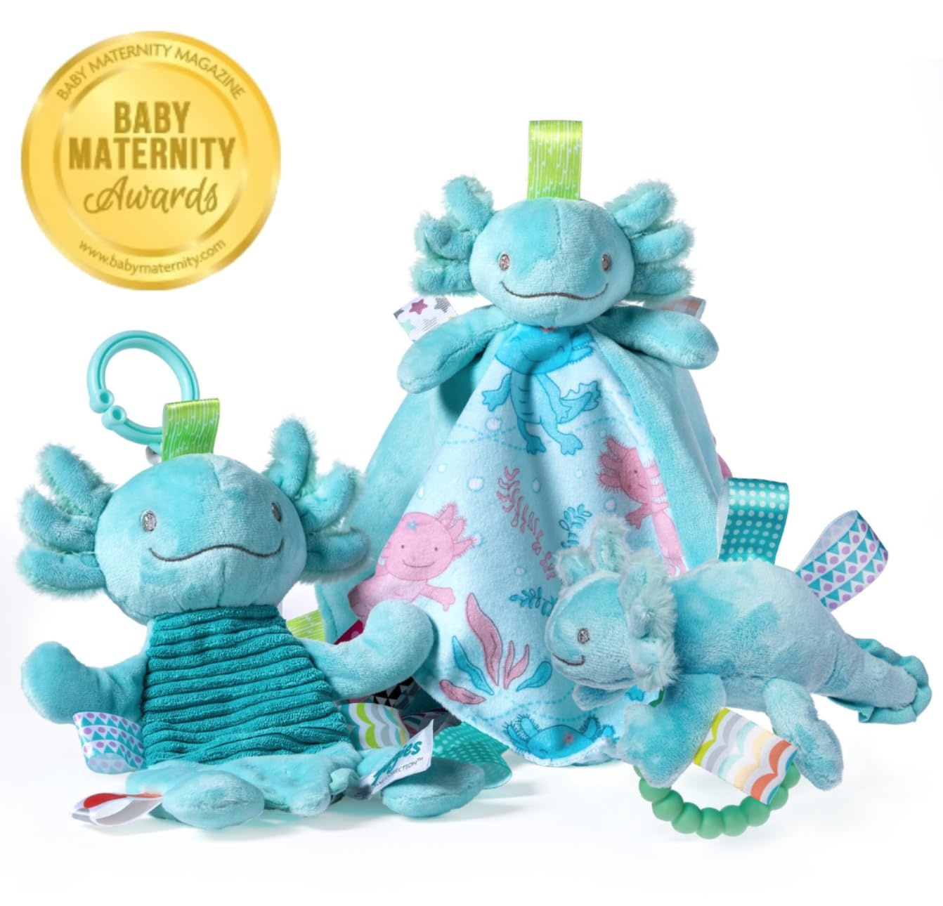 image:imageSoft Baby Rattle with Soothing Teether Ring and Sensory Tags 6Inches Drax DragonFizzy Aqua Axolotl