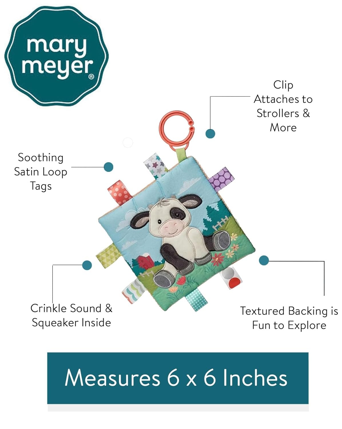 image:imageTaggies Crinkle Me Toy with Baby Paper amp Squeaker with Sensory Tags 6 x 6inches Buttercup Cow
