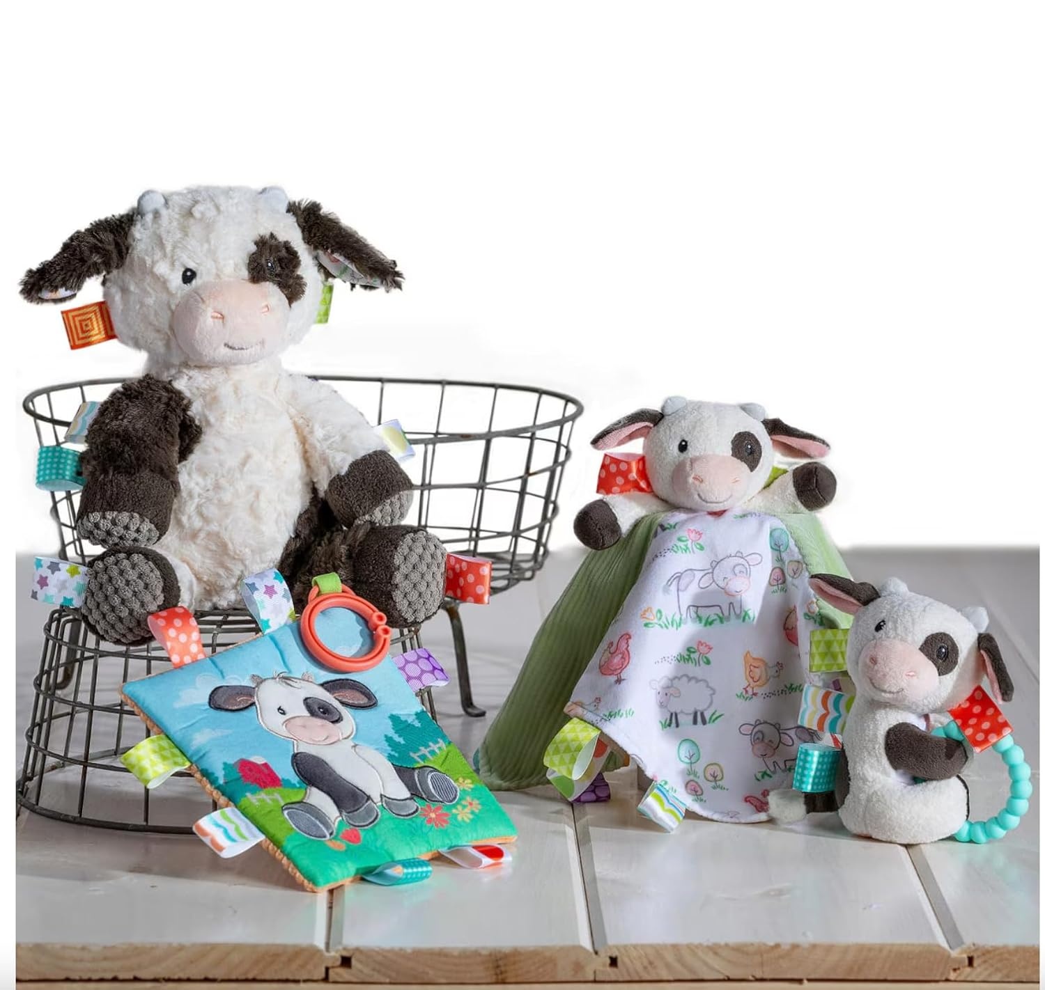 image:imageTaggies Crinkle Me Toy with Baby Paper amp Squeaker with Sensory Tags 6 x 6inches Buttercup Cow