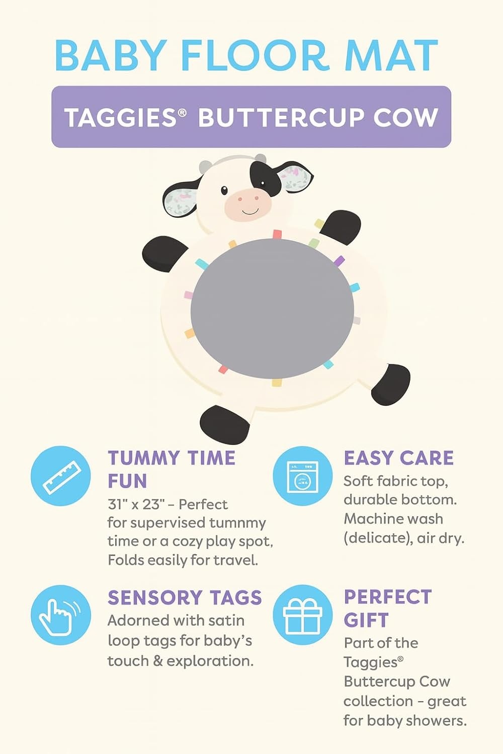 image:imageTaggies Floor Mat Tummy Time Baby Toddler Play Mats with Sensory Tags 31 x 23Inches Buttercup Cow