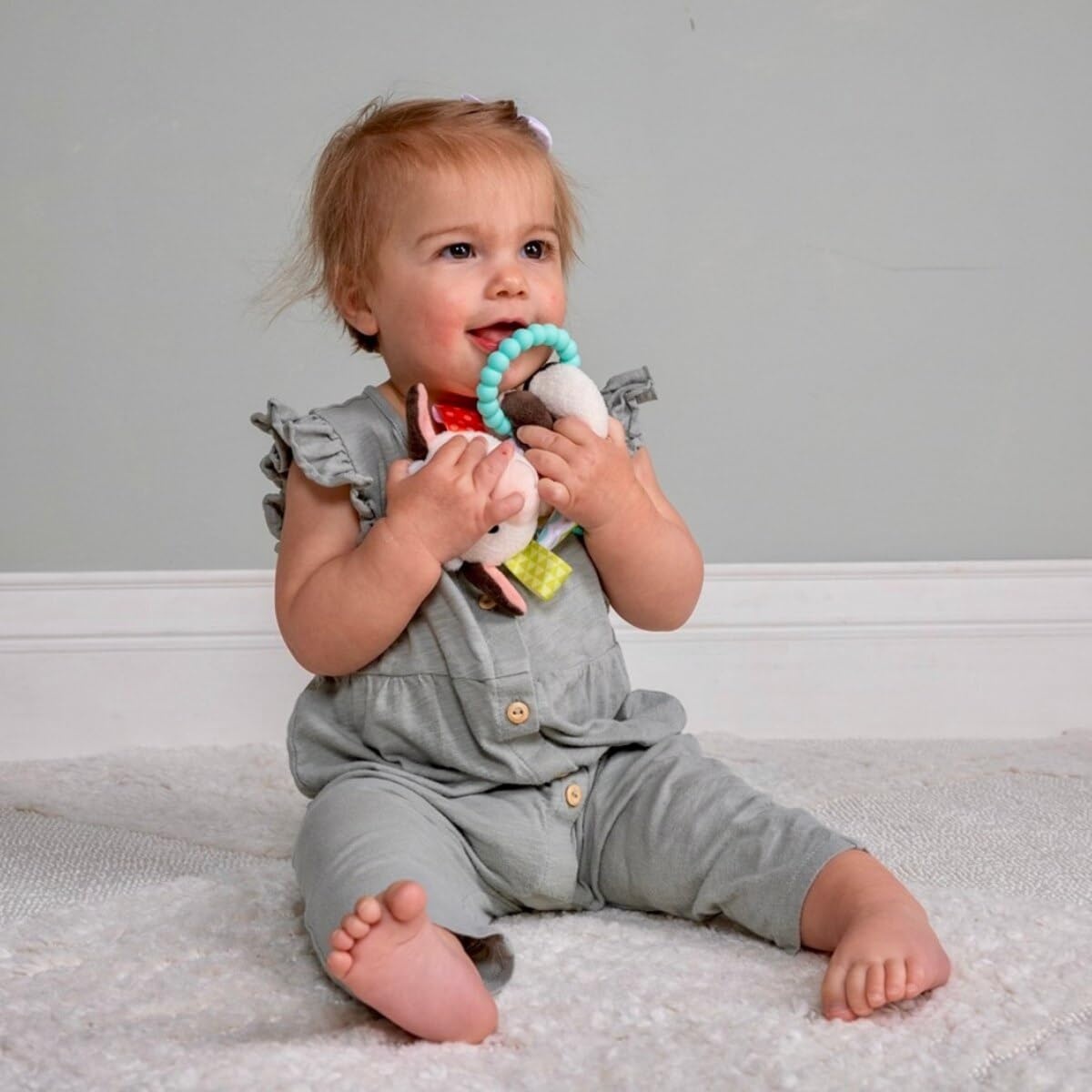 image:imageTaggies Soft Baby Rattle with Soothing Teether Ring and Sensory Tags 6Inches Buttercup Cow