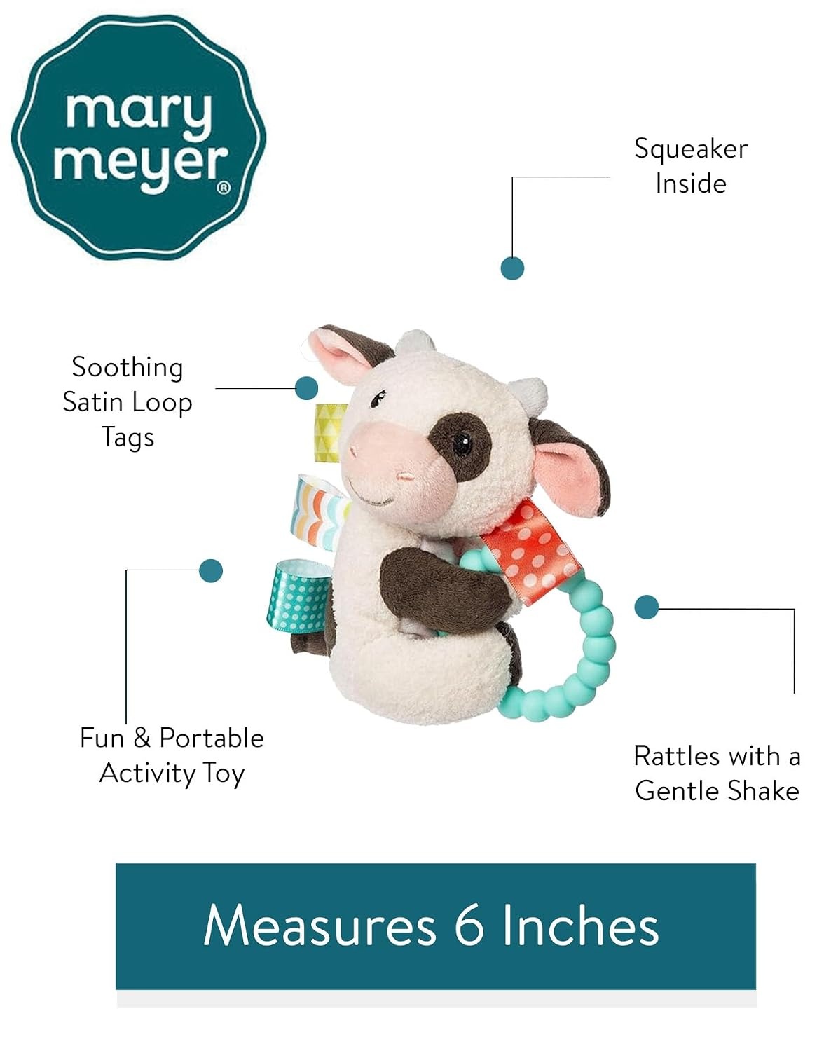 image:imageTaggies Soft Baby Rattle with Soothing Teether Ring and Sensory Tags 6Inches Buttercup Cow