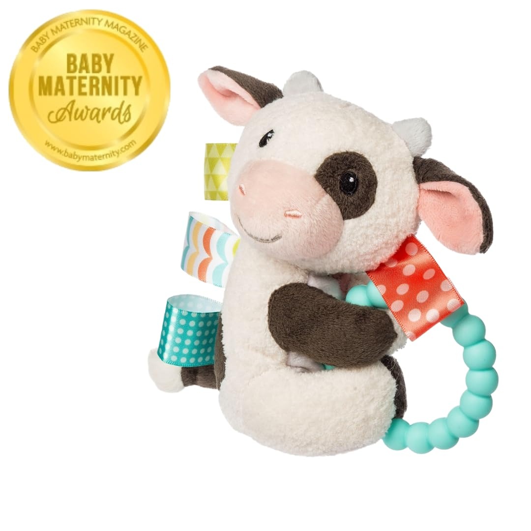 image:imageTaggies Soft Baby Rattle with Soothing Teether Ring and Sensory Tags 6Inches Buttercup Cow