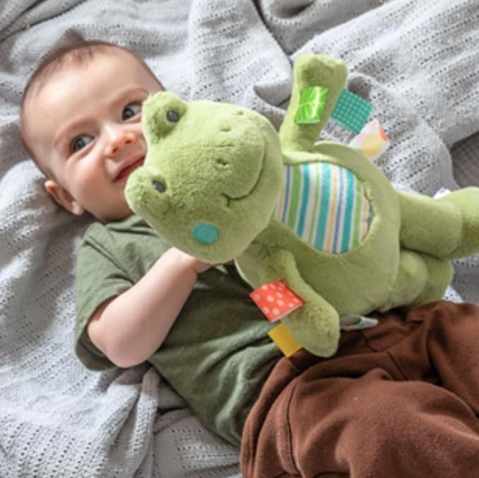 image:imageTaggies Stuffed Animal Huggable Plush Soft Toy with Sensory Tags 10Inches Yellow Dunkin DuckGreen Peepers Frog