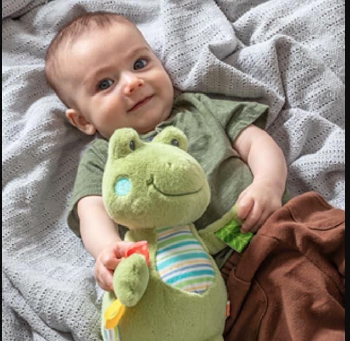 image:imageTaggies Stuffed Animal Huggable Plush Soft Toy with Sensory Tags 10Inches Yellow Dunkin DuckGreen Peepers Frog