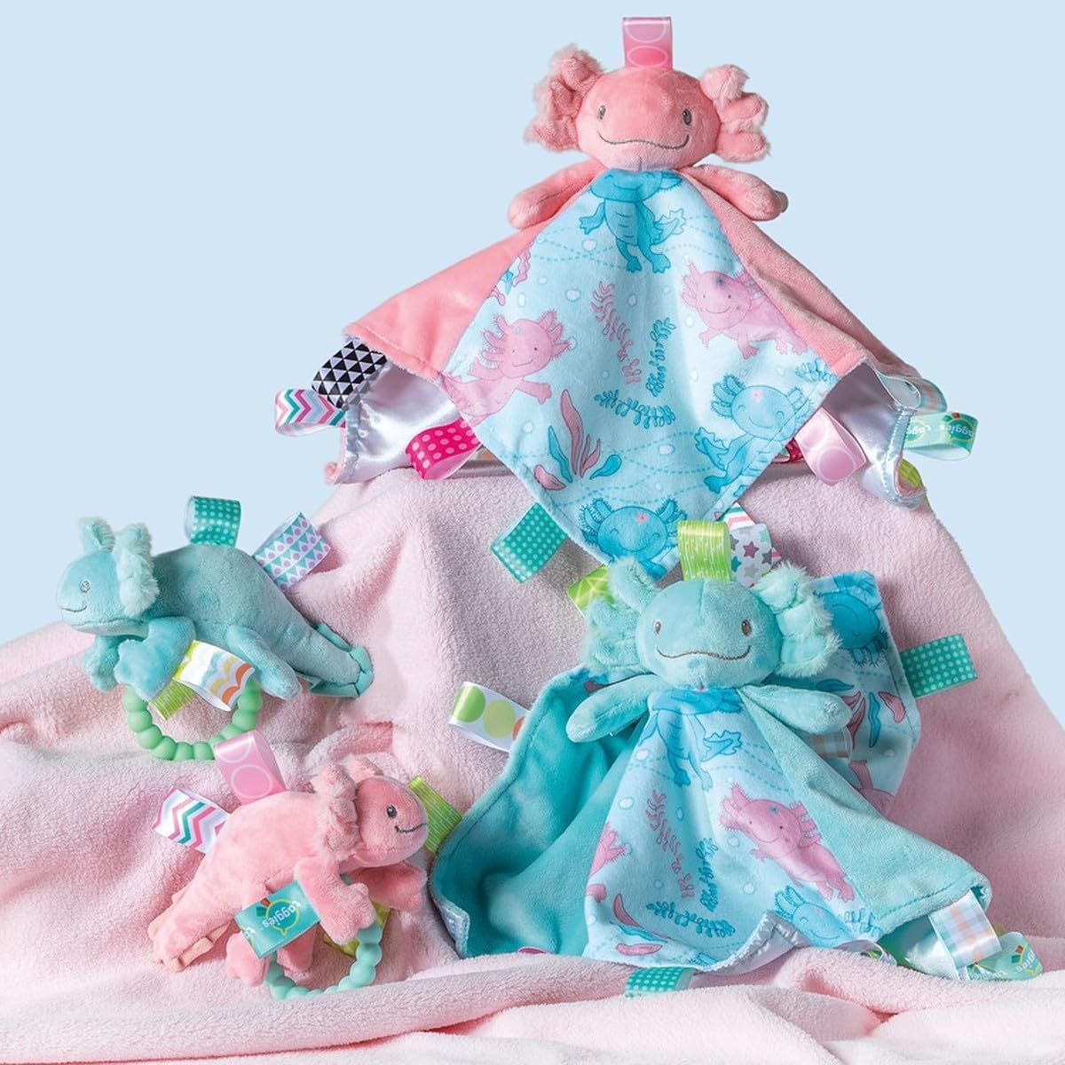 image:imageTaggies Stuffed Animal Lovey Security Blanket with Sensory Tags 13 x 13Inches Fizzy Aqua AxolotlFizzy Aqua Axolotl