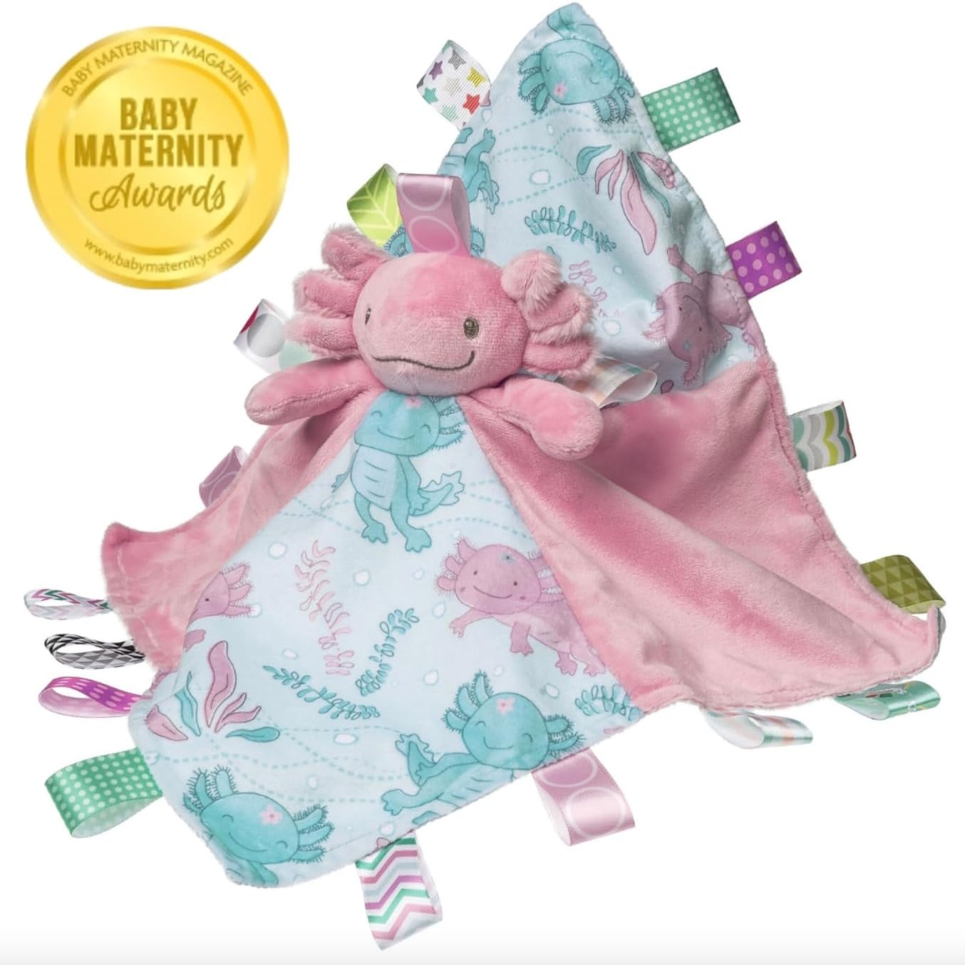 image:imageTaggies Stuffed Animal Lovey Security Blanket with Sensory Tags 13 x 13Inches Lizzy Pink Axolotl