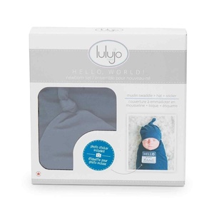 image:imageLulujo Baby Hello World Newborn Hat and Swaddle Blanket Set Hugs amp KissesNavy
